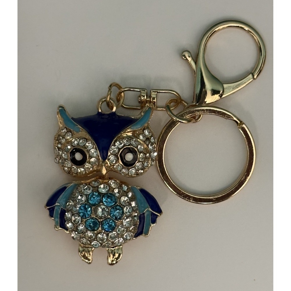 Blue Articulated Owl Keychain Gold Tone Rhinestone Enamel McBling Bag Charm Bird